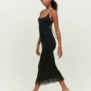NWT Reformation Alexina Knit Dress Crochet Open Back Fringe Midi Black Backless